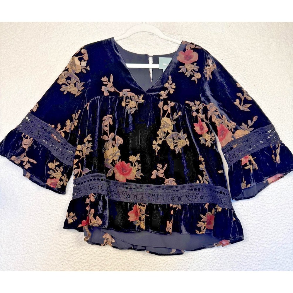 Maeve Blouse Womens XS Black Velvet Floral Lace Ruffle Whimsygoth Babydoll - Picture 2 of 6